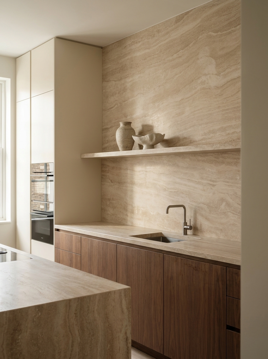 Minimalist kitchen with full-height pale stone backsplash, matching countertop, warm cabinetry, and refined neutral materials