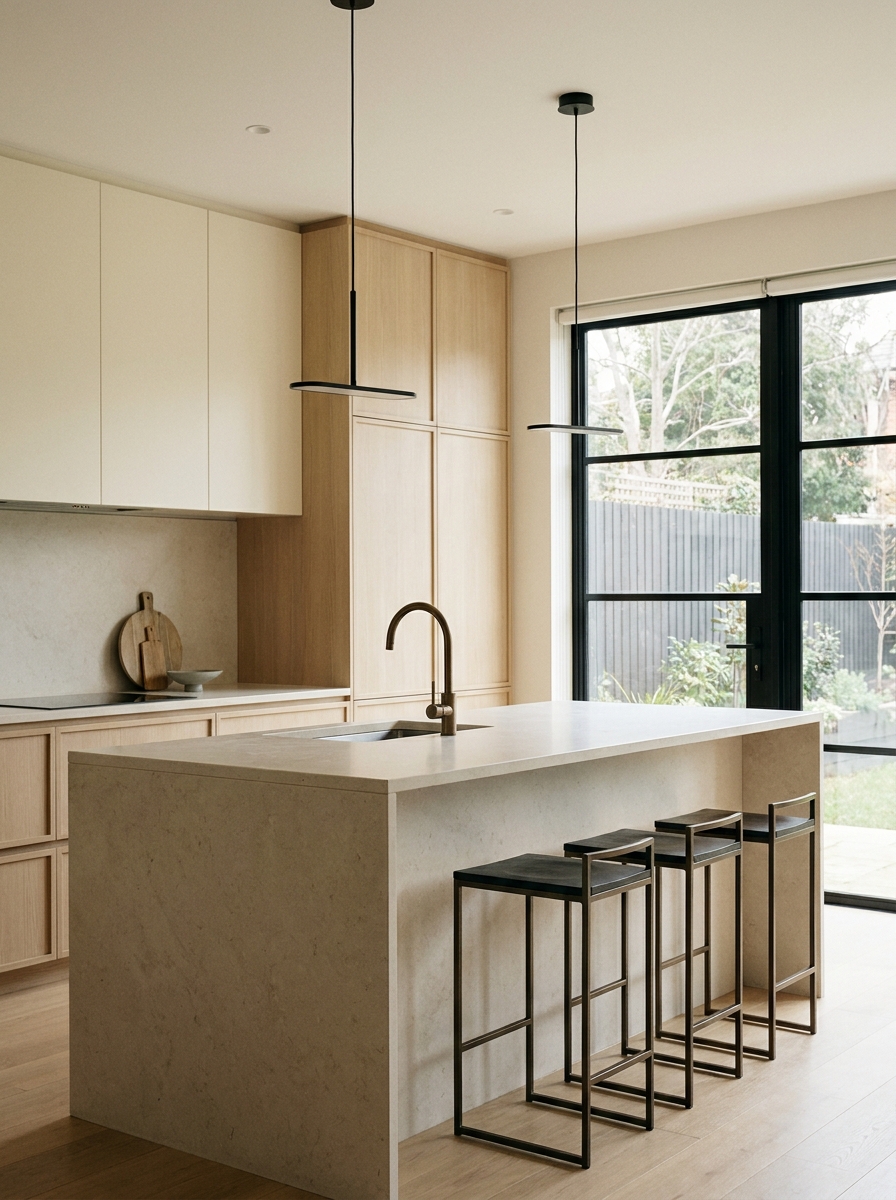 Minimalist luxury kitchen with restrained bronze and black accents, pale cabinetry, stone counters, and warm lighting