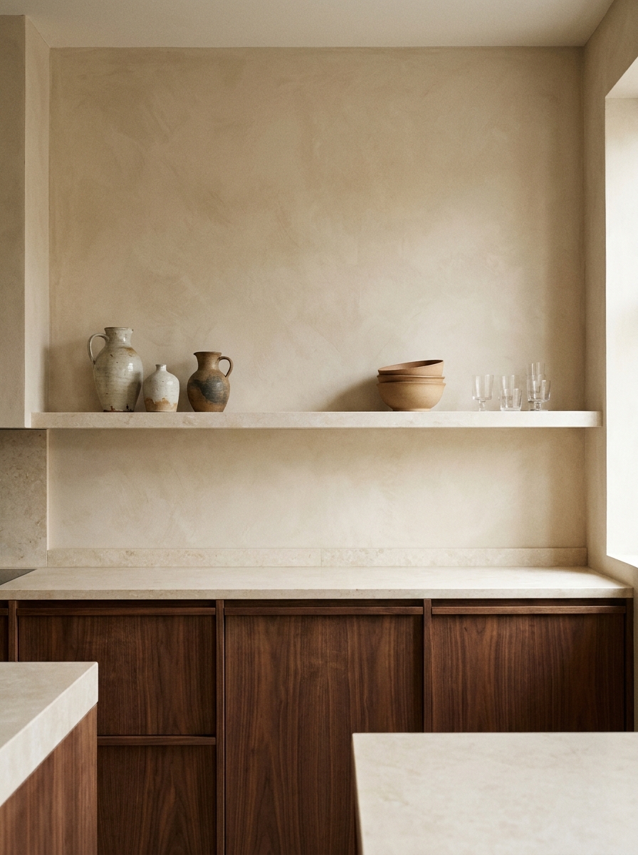 Minimalist kitchen with one simple open shelf styled with ceramics, glasses, and a small plant above warm neutral cabinetry