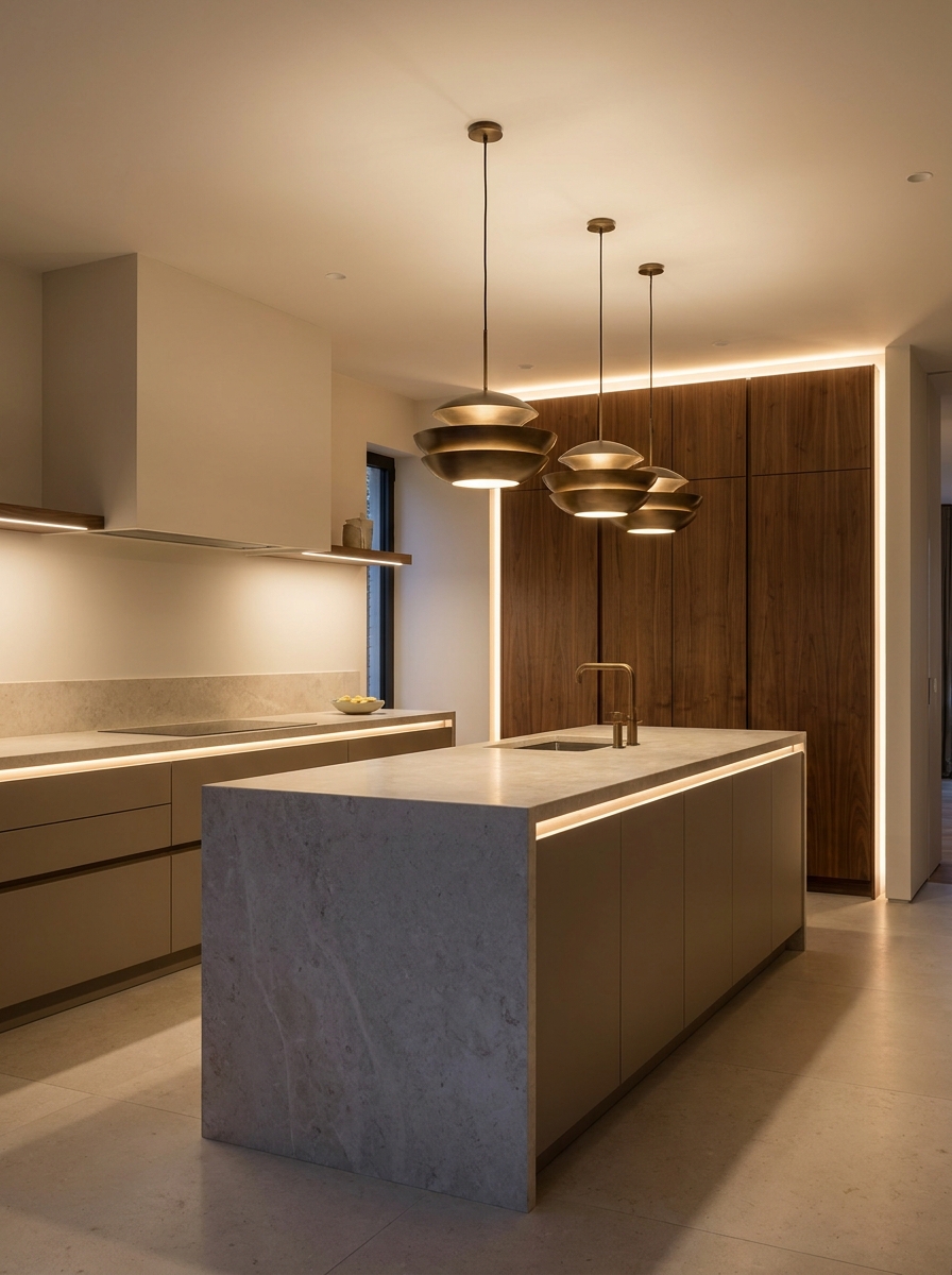 Minimalist luxury kitchen with layered pendant lighting, under-cabinet glow, warm ambient light, and clean stone island