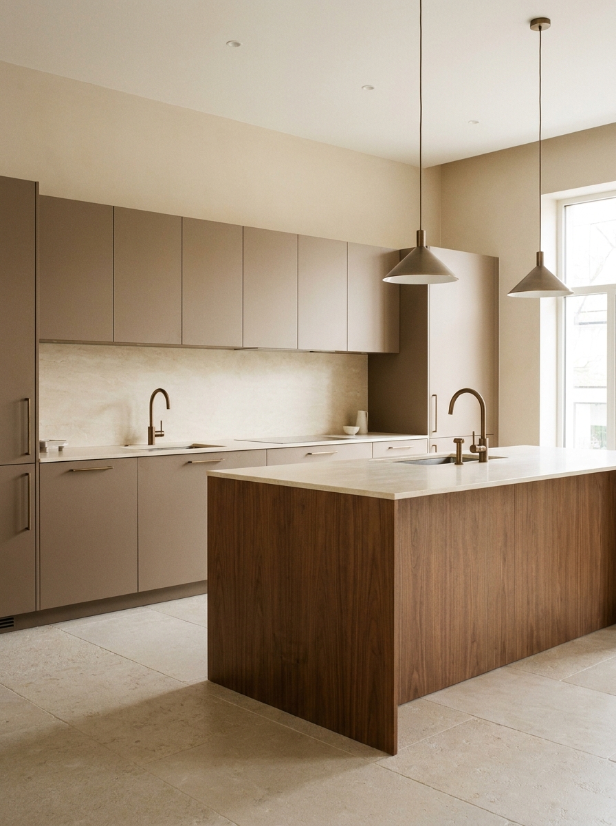 Minimalist kitchen with mushroom taupe cabinetry, pale stone countertop, warm wood accents, and muted luxury finishes