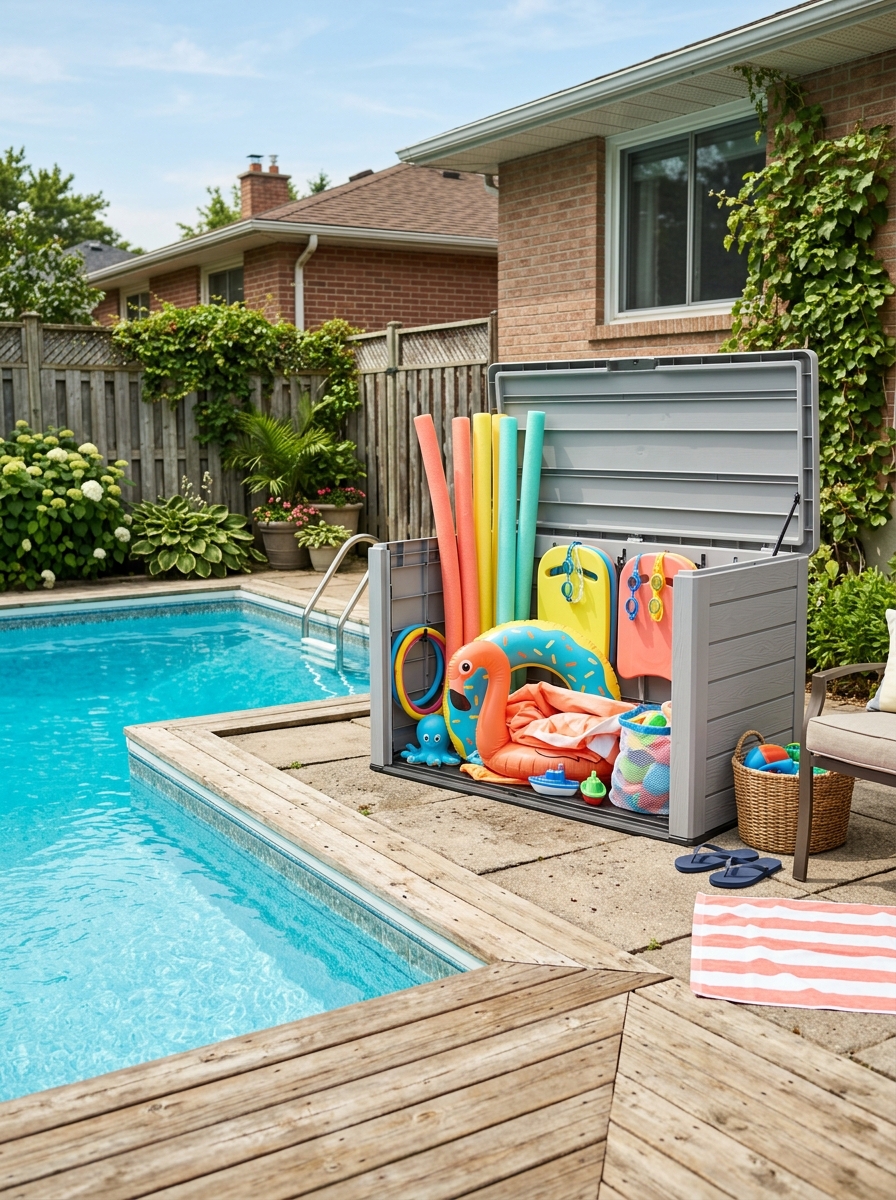 Family backyard pool with large weather-resistant storage bin holding pool noodles, deflated float, kickboards, goggles, and pool toys