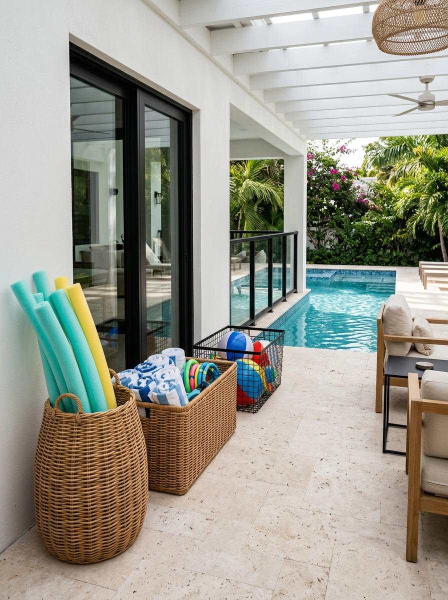 Covered pool patio with weather-resistant baskets for pool noodles, rolled towels, small rings, beach balls, and toys