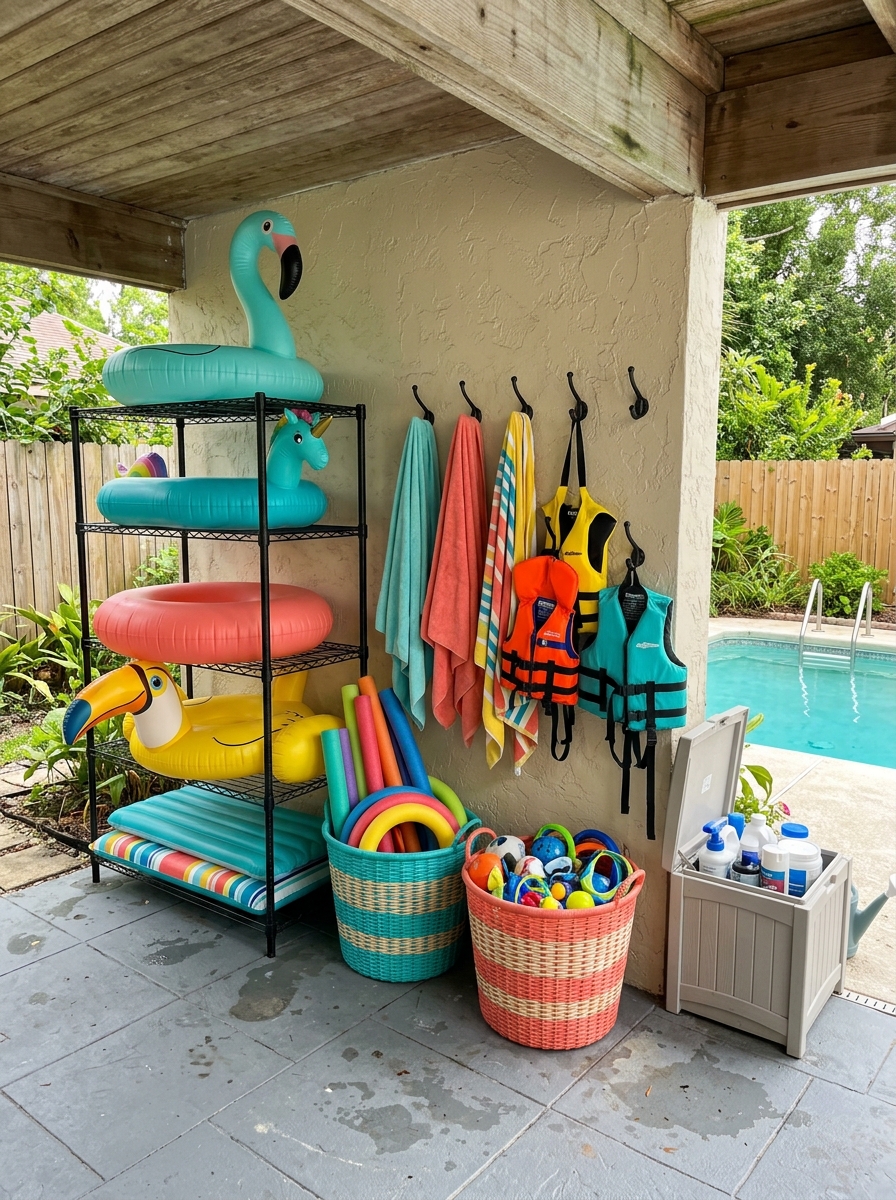 Complete backyard pool storage zone with black rack for floats, hooks for towels and life jackets, baskets for toys, and gray deck box