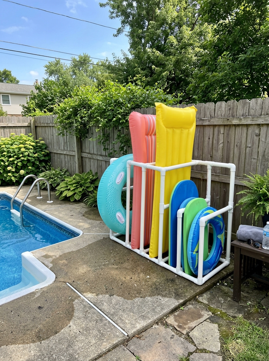 White PVC pool float rack beside compact backyard pool, holding aqua ring, coral lounger, yellow mat, and kickboards upright