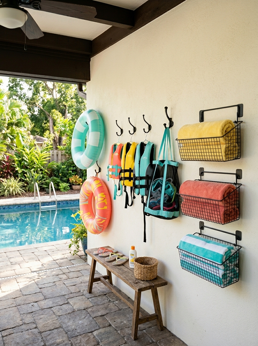 Covered pool patio with black metal hooks holding colorful rings, life jackets, mesh swim bag, and folded towels above bench