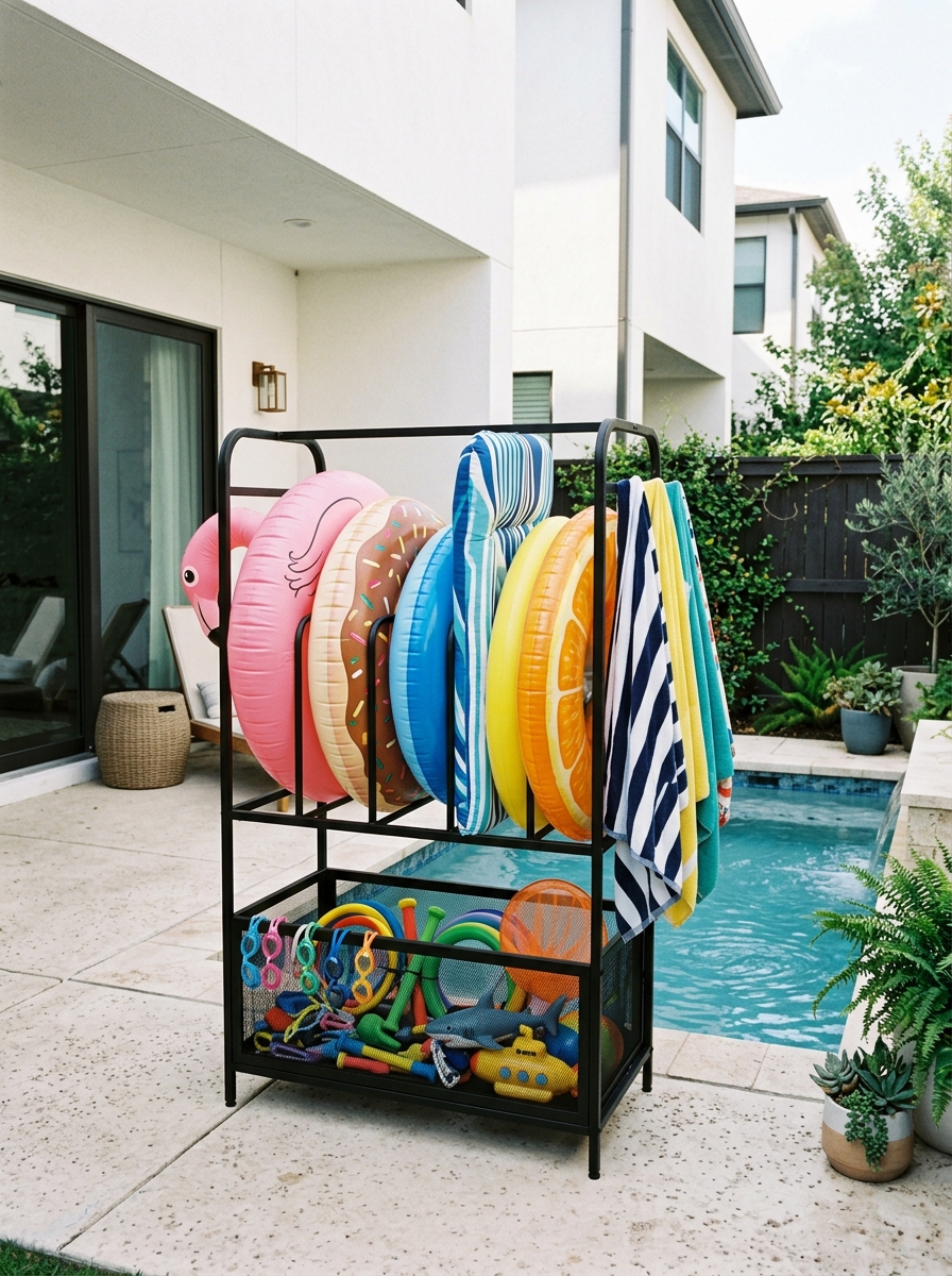 Freestanding black metal pool float rack on townhouse patio with upright inflatables, mesh basket, towels, concrete pavers, and rectangular pool