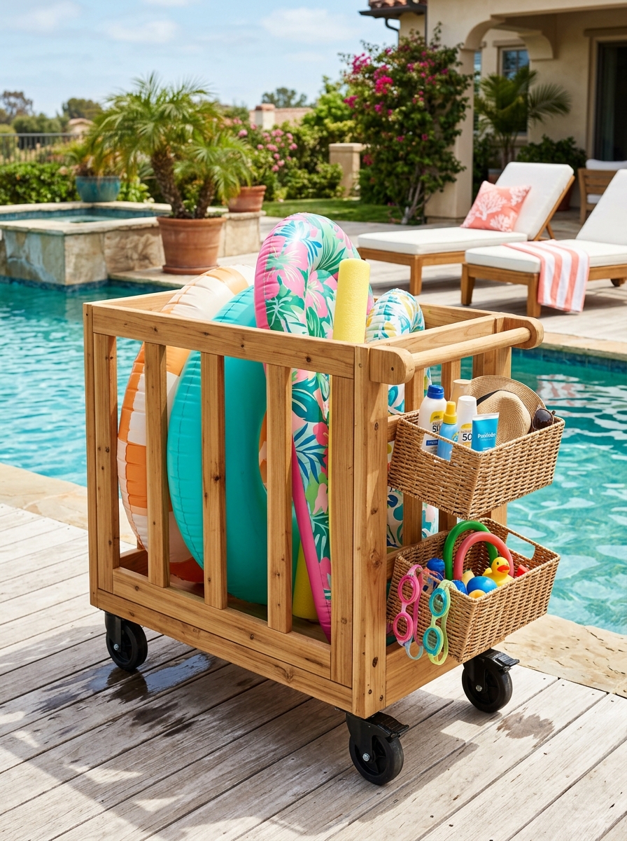 Natural wood rolling cart with pool floats, side baskets for sunscreen and goggles, caster wheels, and sunny family pool deck