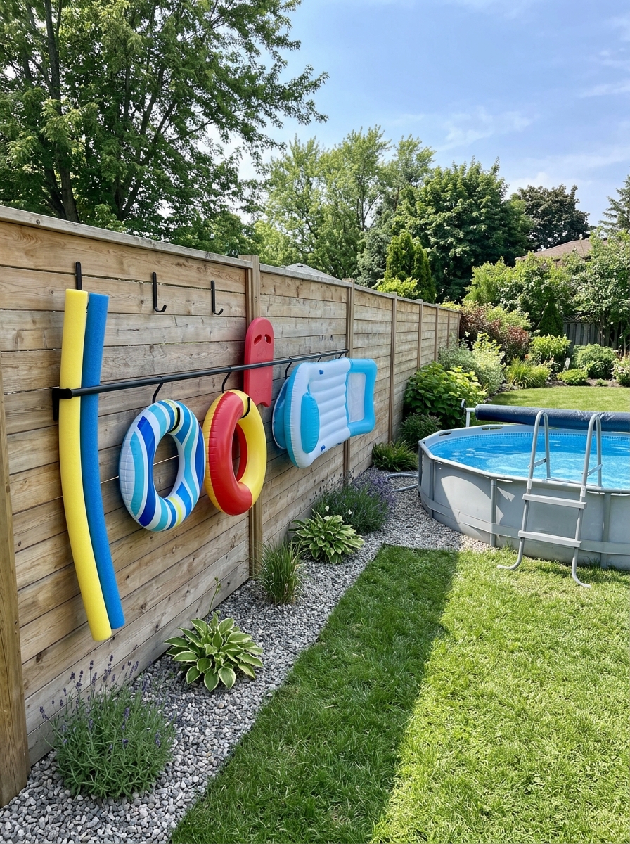 Cedar fence with black outdoor hooks and rail holding pool rings, noodles, kickboard, and lounger beside above-ground pool