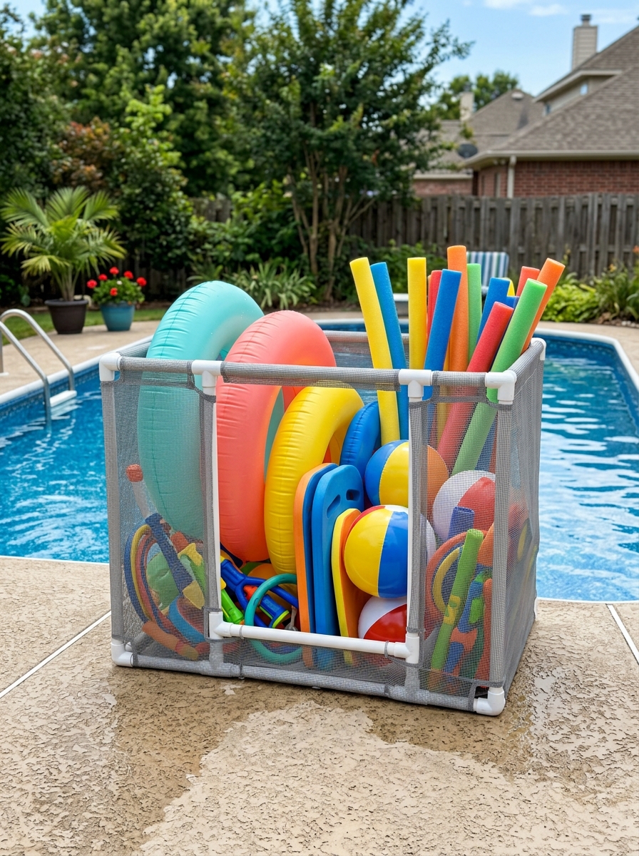 White PVC and gray mesh pool-toy storage corral holding rings, noodles, beach balls, kickboards, and water toys by family pool