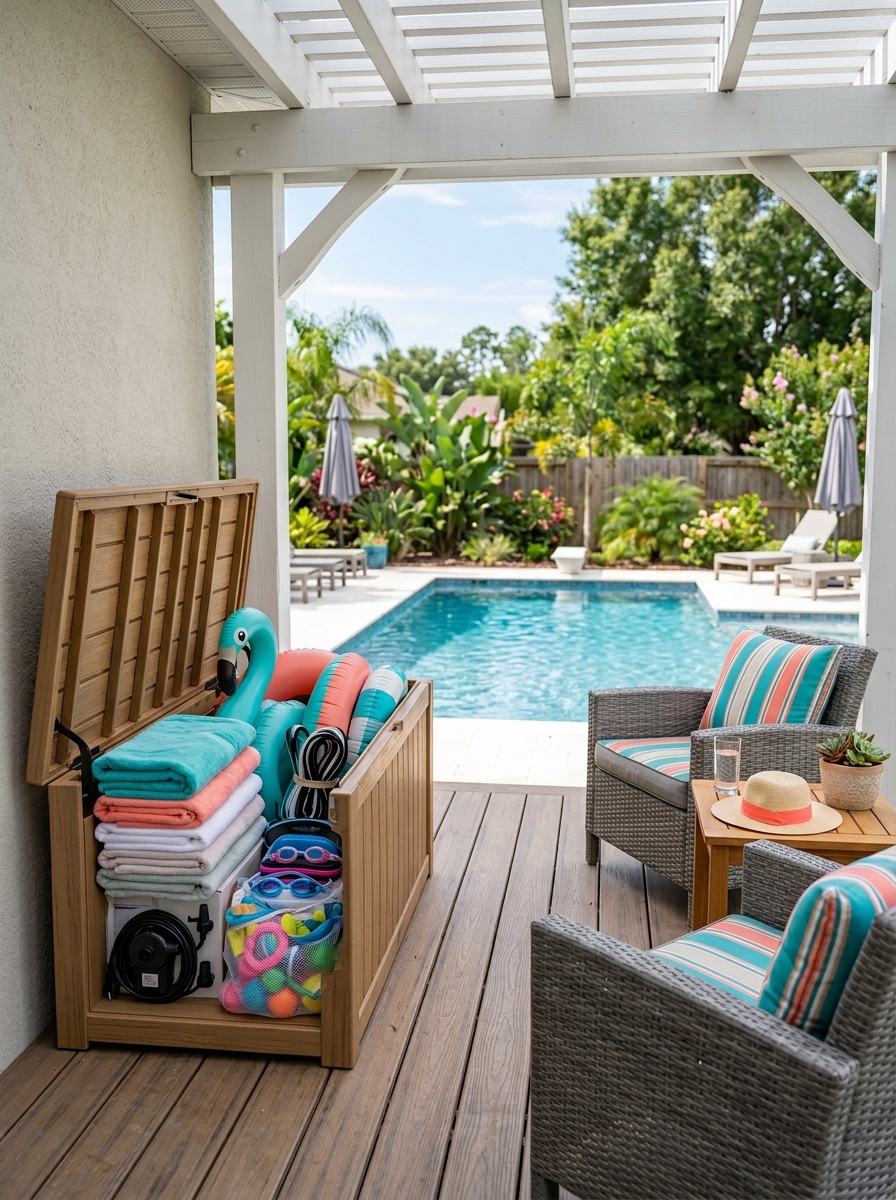 Wood-look deck box open beside pool seating, holding deflated floats, folded towels, electric pump, goggles, and pool toys
