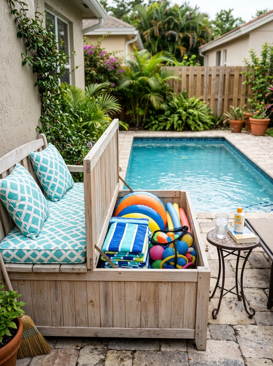 Covered poolside natural wood storage bench with lifted seat revealing towels, deflated rings, noodles, and mesh toy bag